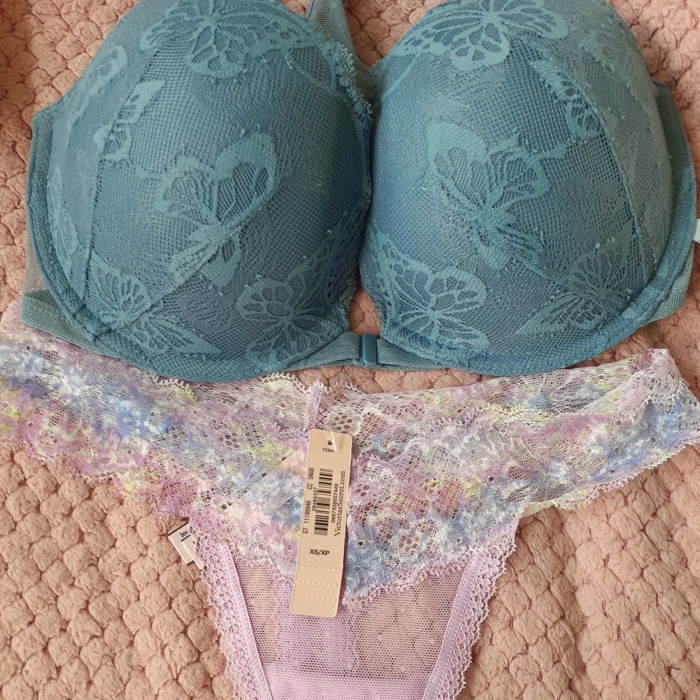 Brand New Victoria's Secret Bra 32DD & Pink VS  Lace Thong Panty-XS